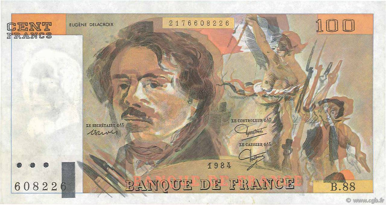 100 Francs DELACROIX modifié Fauté FRANCE  1984 F.69.08b XF