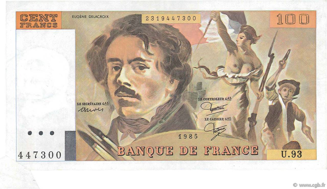 100 Francs DELACROIX modifié Fauté FRANKREICH  1985 F.69.09 fVZ