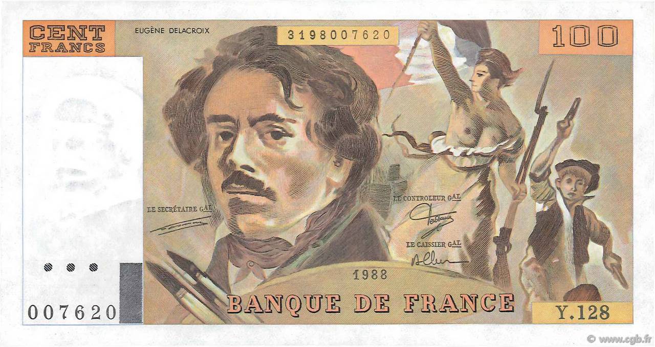 100 Francs DELACROIX modifié Fauté FRANCE  1988 F.69.12 UNC-