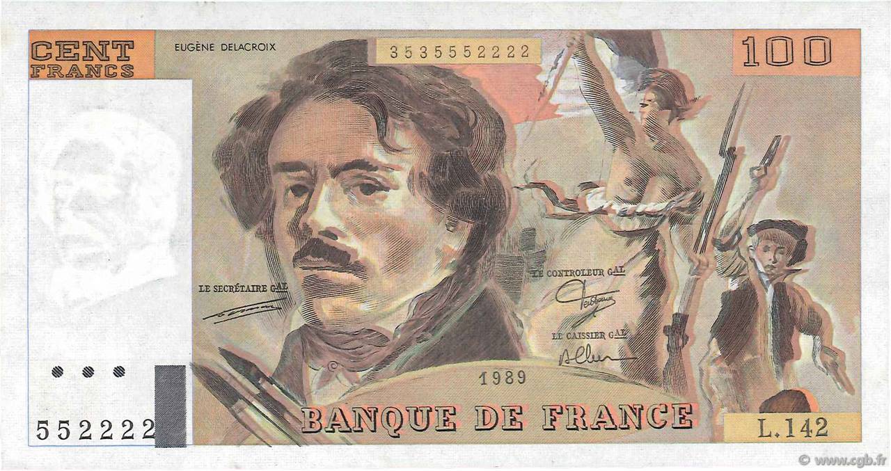 100 Francs DELACROIX modifié Fauté FRANKREICH  1989 F.69.13b fVZ