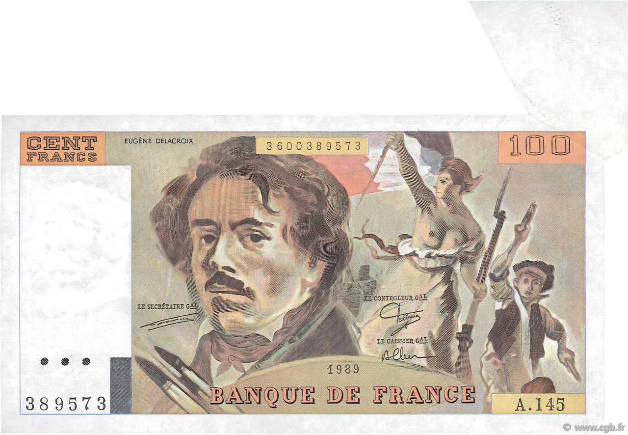 100 Francs DELACROIX modifié Fauté FRANCIA  1989 F.69.13c EBC+