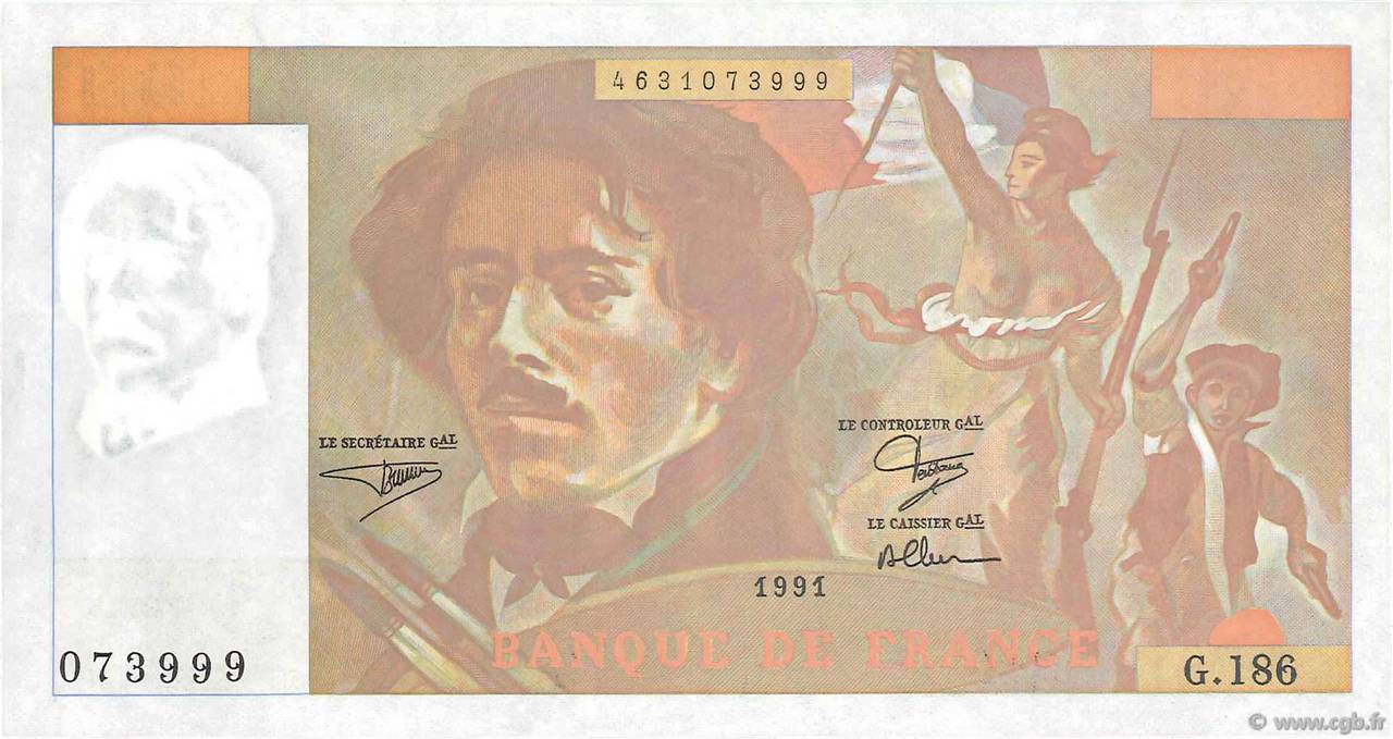 100 Francs DELACROIX imprimé en continu Fauté FRANKREICH  1991 F.69bis.03b2 VZ