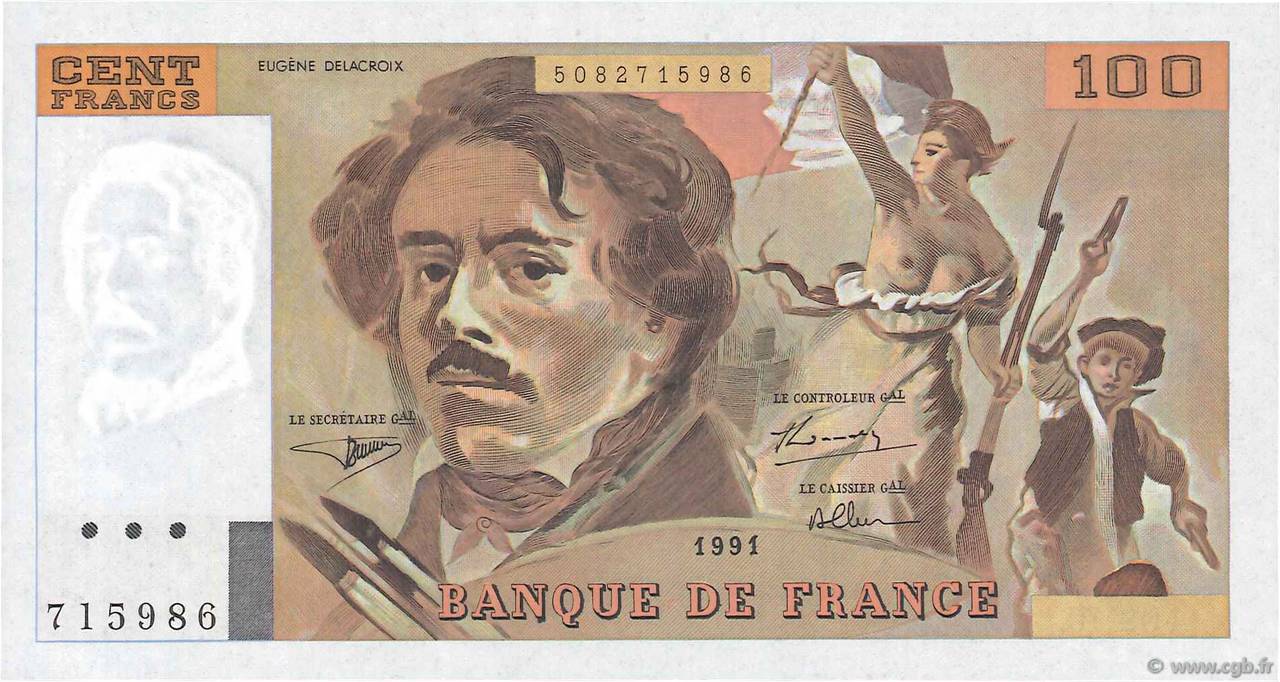 100 Francs DELACROIX imprimé en continu Fauté FRANKREICH  1991 F.69bis.04b ST