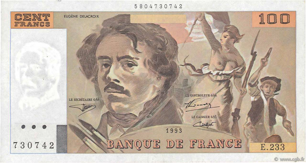 100 Francs DELACROIX imprimé en continu Fauté FRANCIA  1993 F.69bis.08 SPL