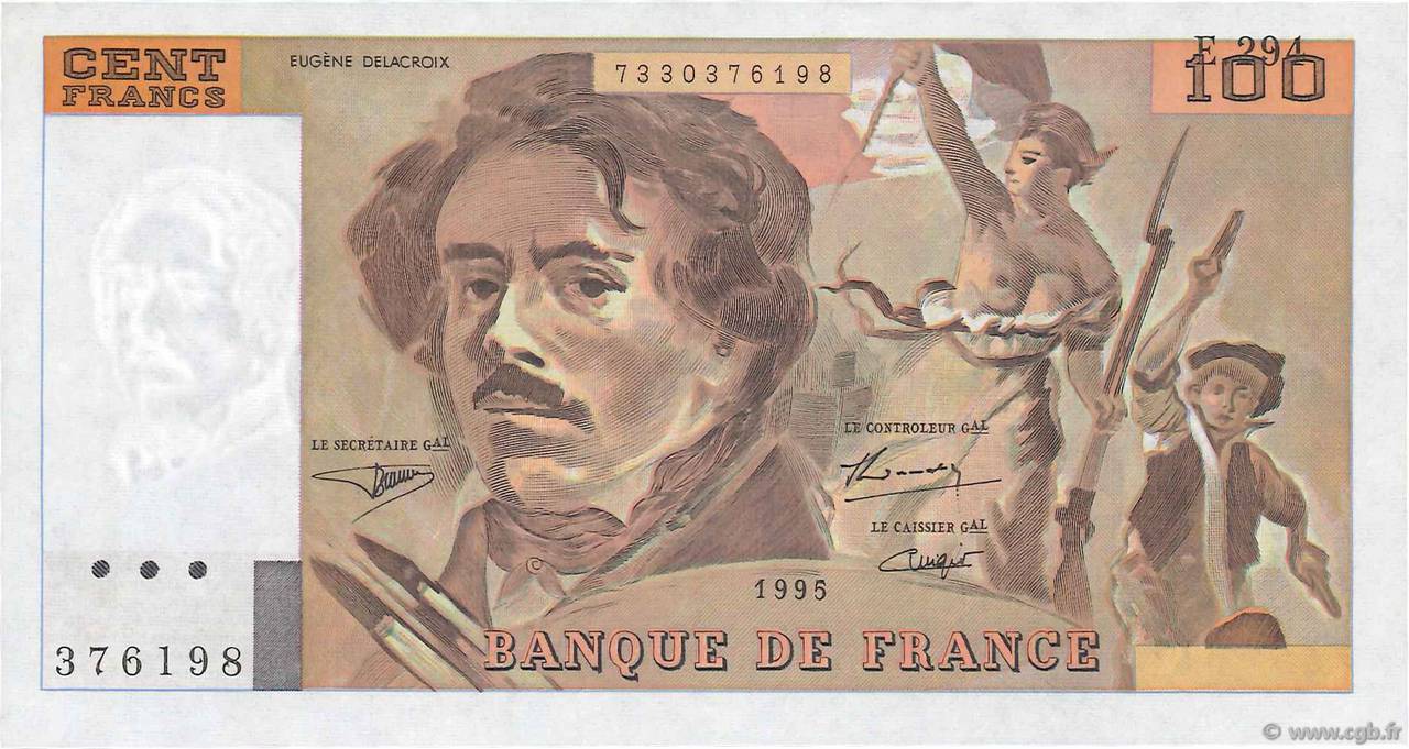 100 Francs DELACROIX 442-1 & 442-2 Fauté FRANCIA  1995 F.69ter.02c SC