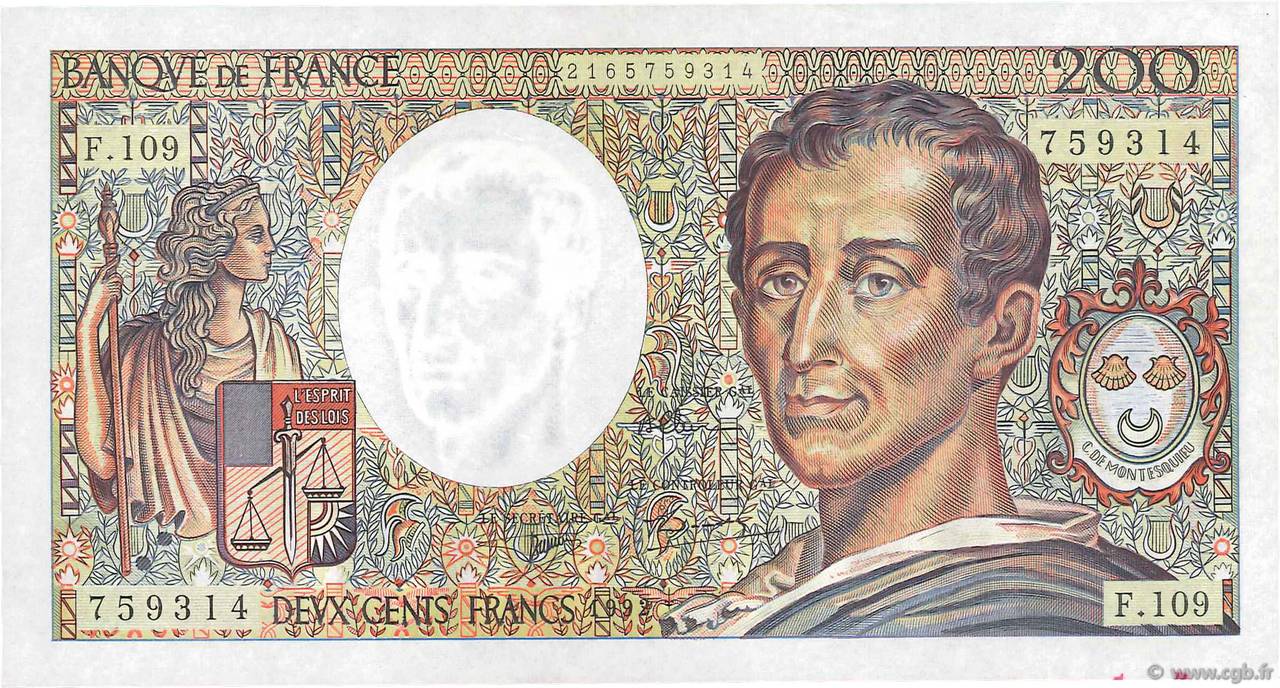 200 Francs MONTESQUIEU Fauté FRANKREICH  1992 F.70.12a fST