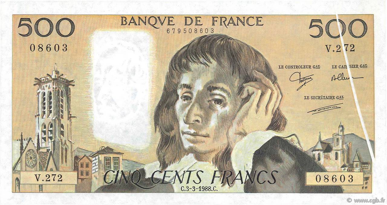 500 Francs PASCAL Fauté FRANCE  1988 F.71.38 UNC-