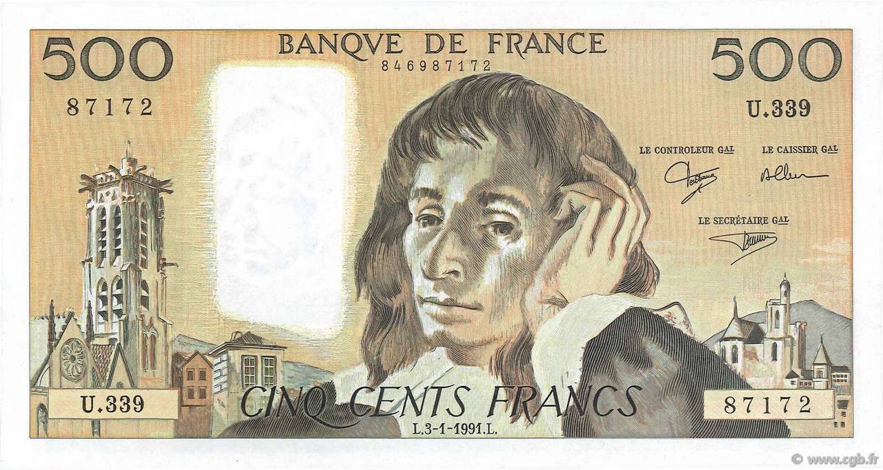 500 Francs PASCAL FRANCIA  1991 F.71.46 q.FDC