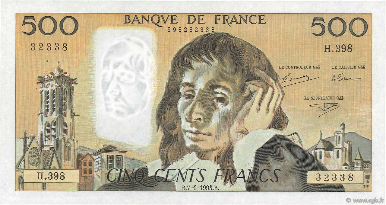 500 Francs PASCAL Fauté FRANCE  1993 F.71.51 XF+