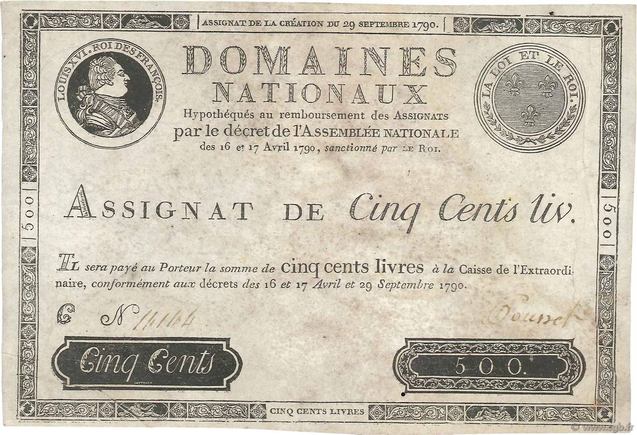 500 Livres Faux FRANCE  1790 Ass.10a VF