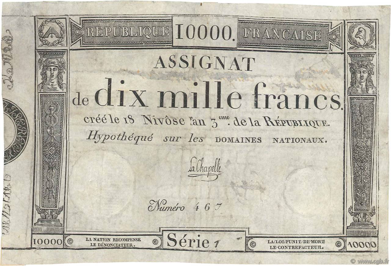 10000 Francs FRANCE  1795 Ass.52a G
