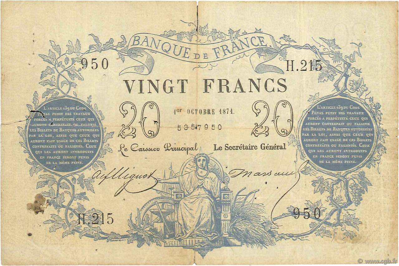 20 Francs type 1871 FRANCE  1871 F.A46.02 VG