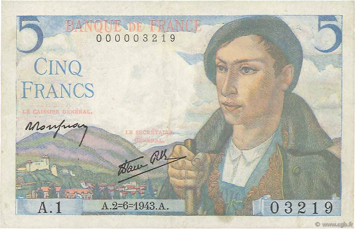 5 Francs BERGER Petit numéro FRANCIA  1943 F.05.01A1 MBC+