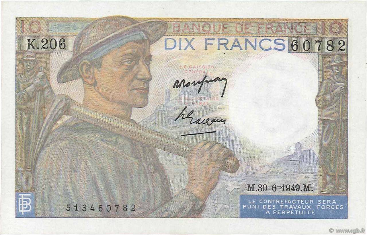10 Francs MINEUR FRANCIA  1949 F.08.22a q.AU