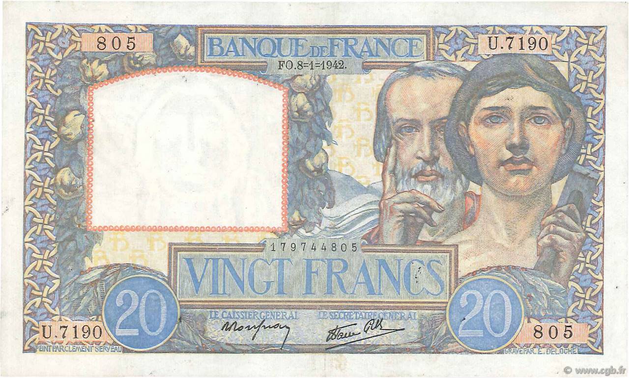 20 Francs TRAVAIL ET SCIENCE FRANCE  1942 F.12.21 VF