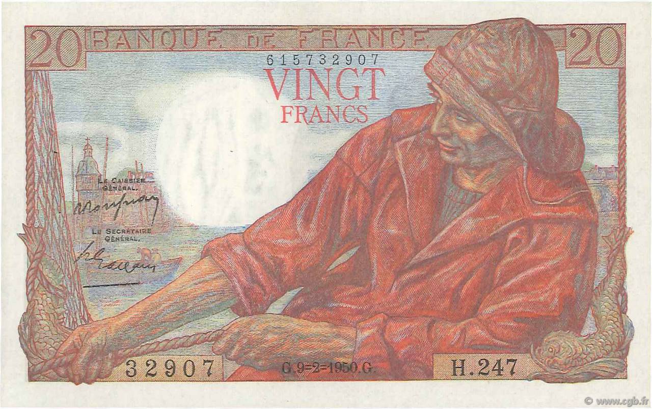 20 Francs PÊCHEUR FRANCE  1950 F.13.17a AU