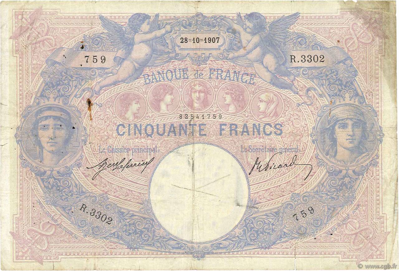 50 Francs BLEU ET ROSE FRANCE  1907 F.14.20 B+