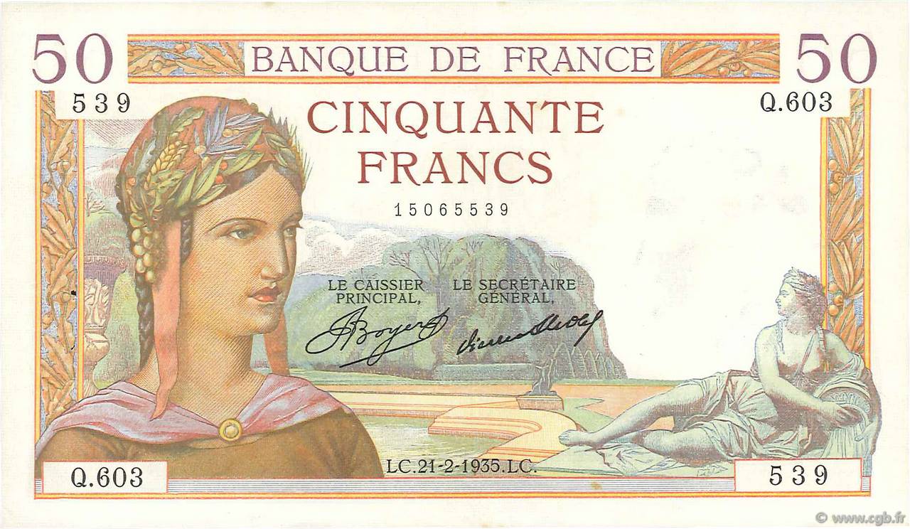 50 Francs CÉRÈS FRANKREICH  1935 F.17.04 VZ+
