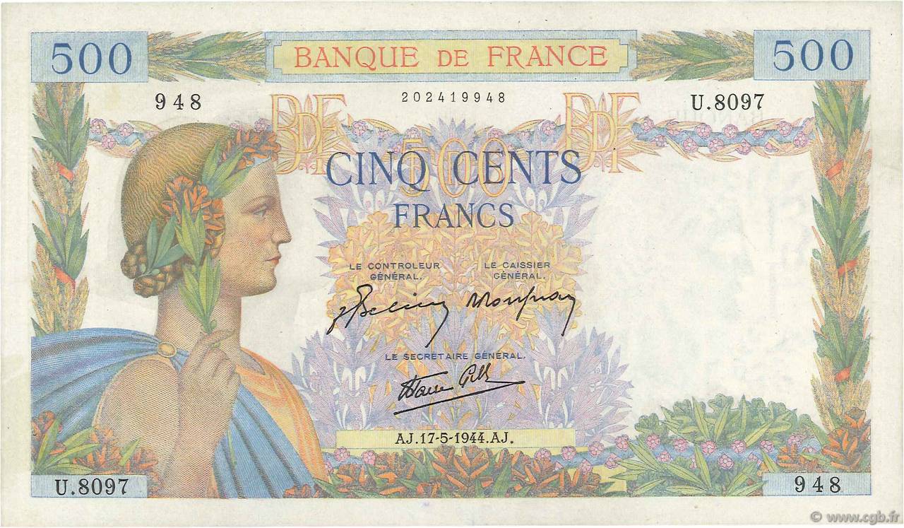 500 Francs LA PAIX FRANCIA  1944 F.32.47 BB to SPL