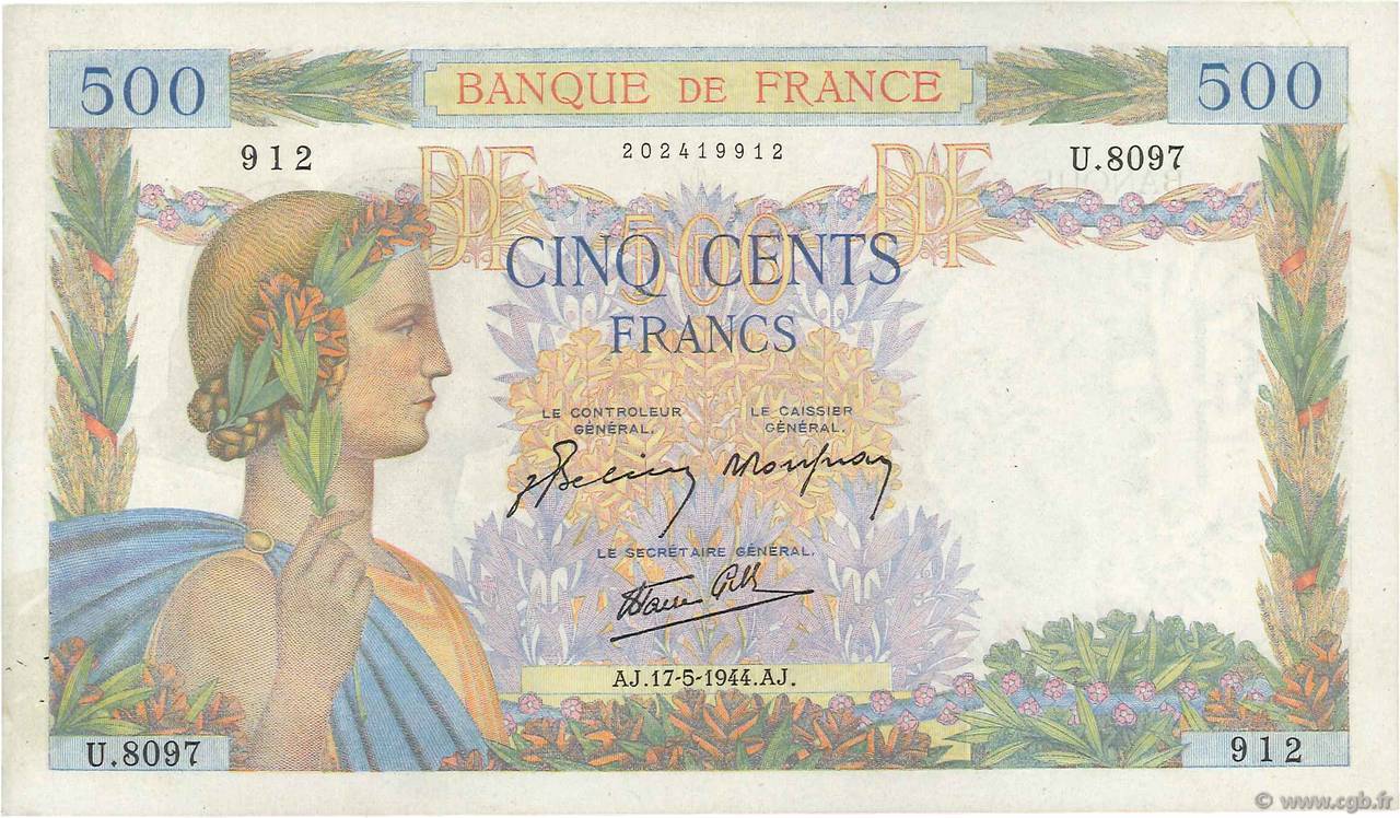 500 Francs LA PAIX FRANKREICH  1944 F.32.47 VZ