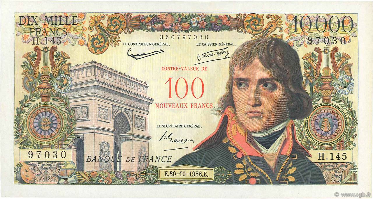 100 NF sur 10000 Francs BONAPARTE FRANCE  1958 F.55.01 XF+