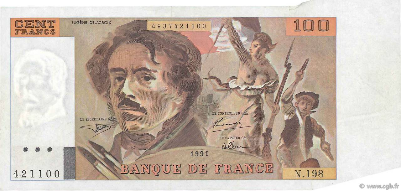 100 Francs DELACROIX imprimé en continu Fauté FRANKREICH  1991 F.69bis.04a VZ