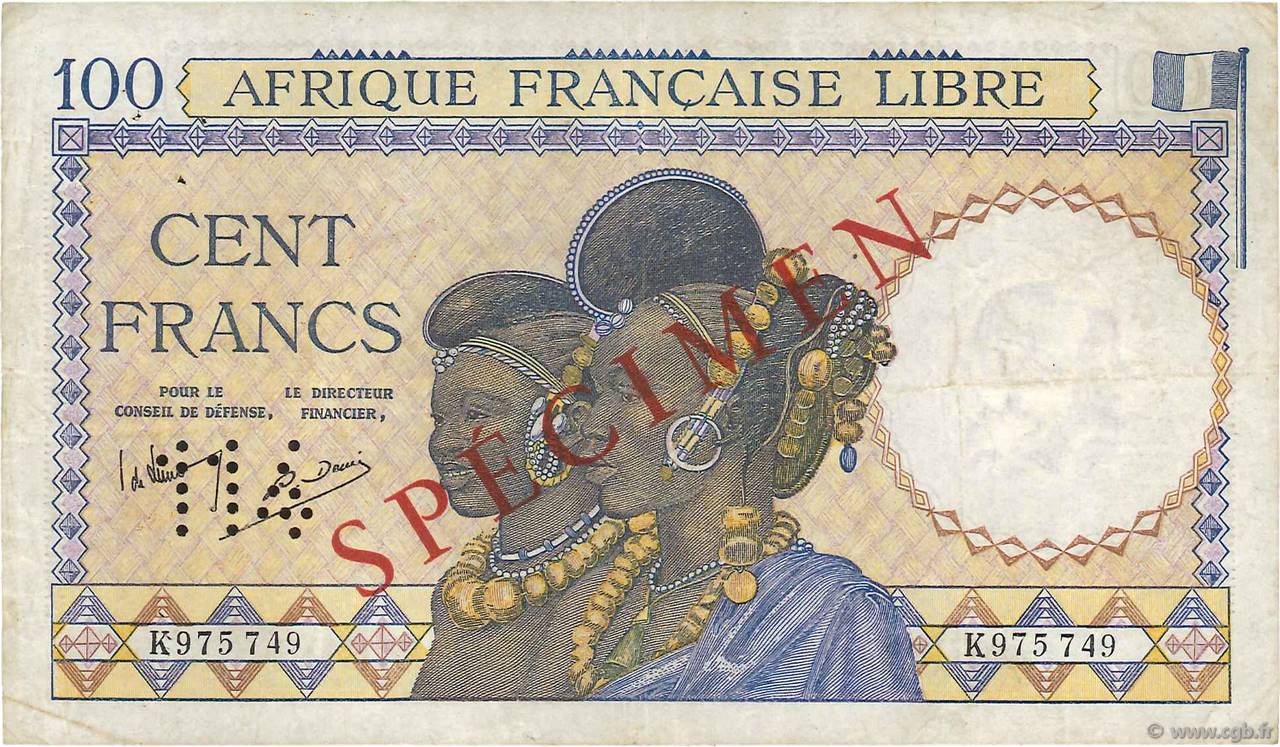 100 Francs Spécimen AFRIQUE ÉQUATORIALE FRANÇAISE Brazzaville 1941 P.08s VF