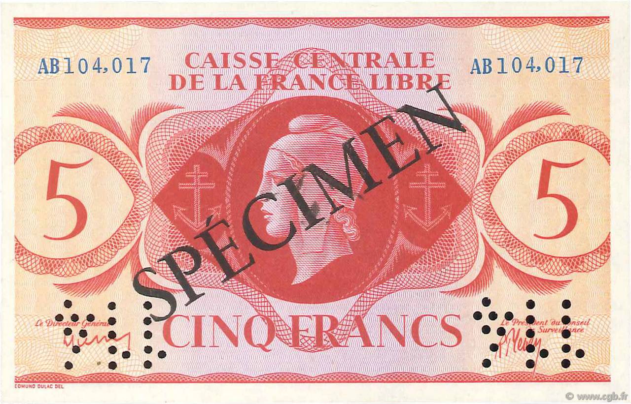 5 Francs Spécimen AFRIQUE ÉQUATORIALE FRANÇAISE Brazzaville 1941 P.10s NEUF
