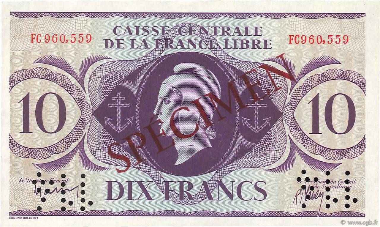 10 Francs Spécimen AFRIQUE ÉQUATORIALE FRANÇAISE Brazzaville 1941 P.11s SC