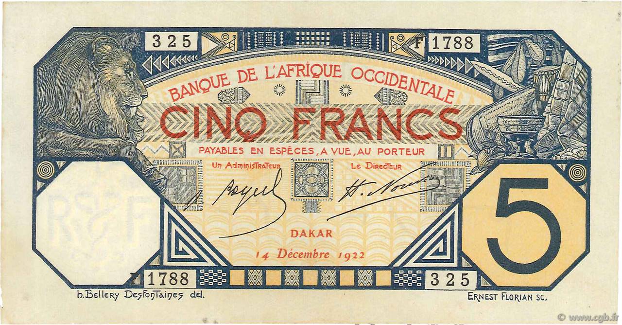 5 Francs DAKAR FRENCH WEST AFRICA Dakar 1922 P.05Bb fST