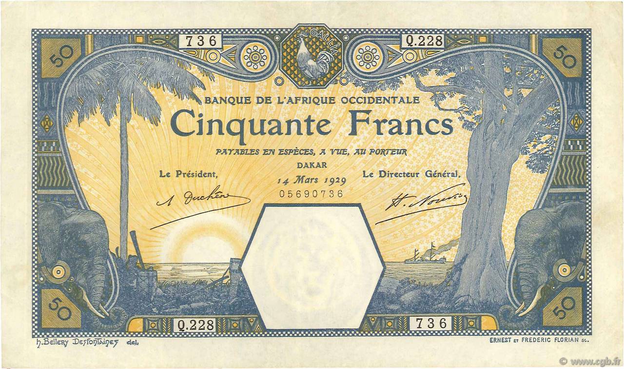 50 Francs DAKAR FRENCH WEST AFRICA Dakar 1929 P.09Bc MBC+