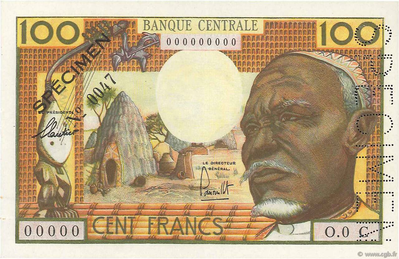 100 Francs Spécimen EQUATORIAL AFRICAN STATES (FRENCH)  1963 P.03cs q.FDC