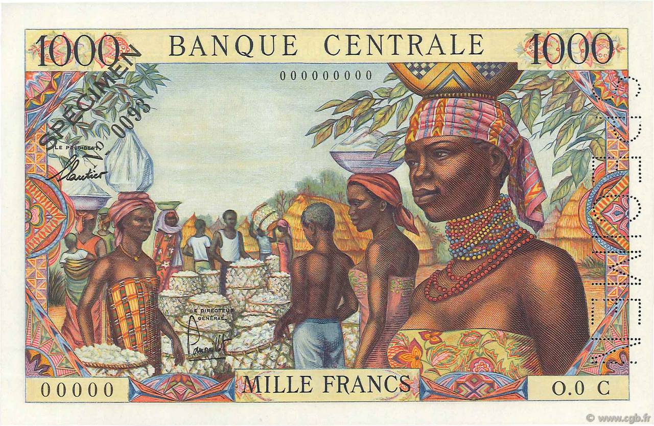 1000 Francs Spécimen EQUATORIAL AFRICAN STATES (FRENCH)  1963 P.05cs fST+