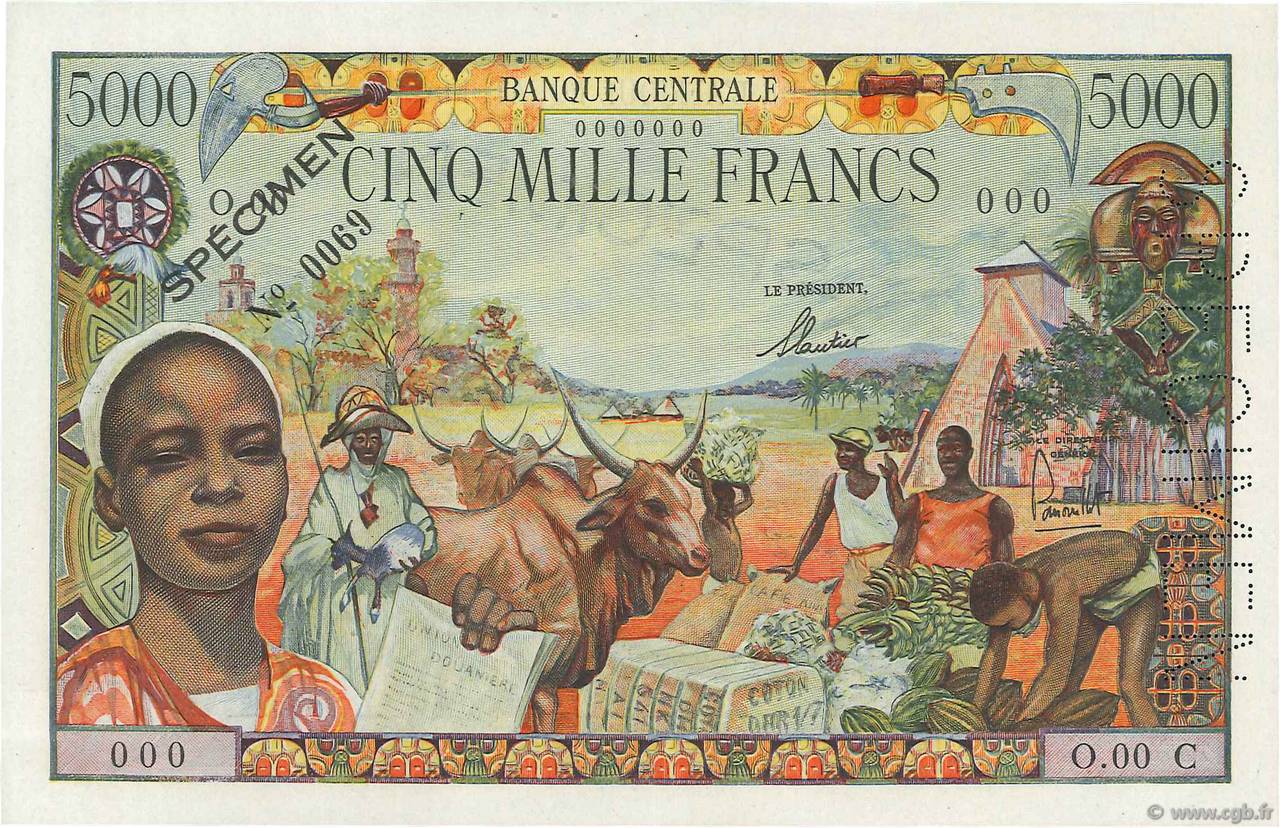 5000 Francs Spécimen ÉTATS DE L AFRIQUE ÉQUATORIALE  1963 P.06cs pr.NEUF