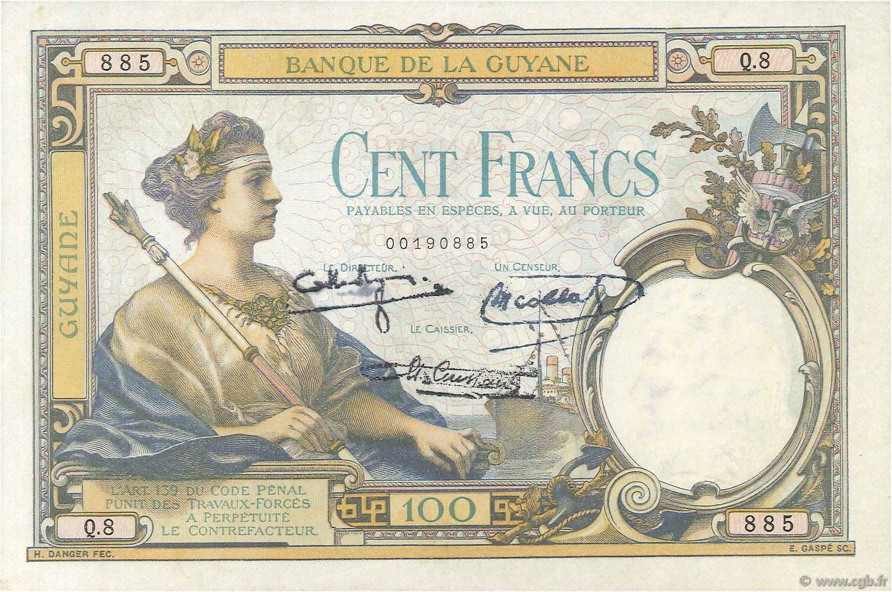 100 Francs FRENCH GUIANA  1940 P.08 VZ+