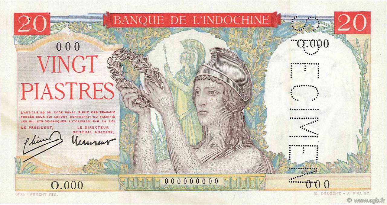 20 Piastres Spécimen INDOCINA FRANCESE  1949 P.081s SPL+