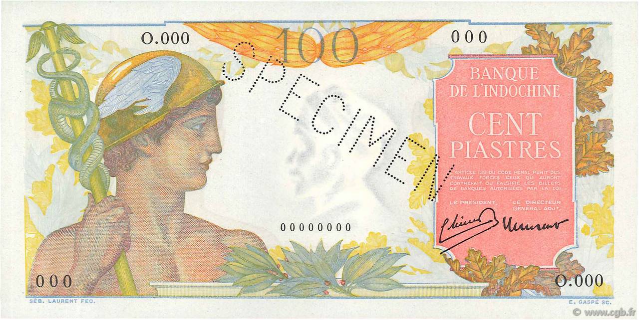 100 Piastres Spécimen INDOCHINA  1947 P.082s FDC