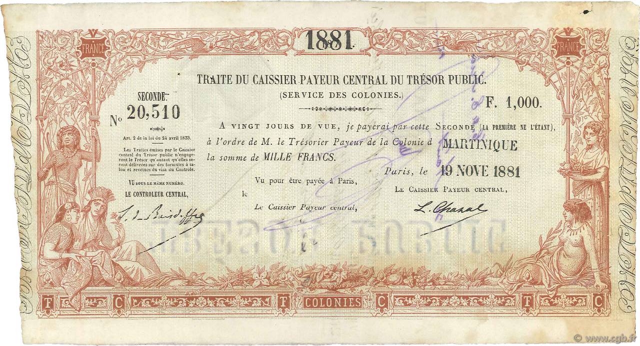 1000 Francs MARTINIQUE  1881 Kol.44 TTB+