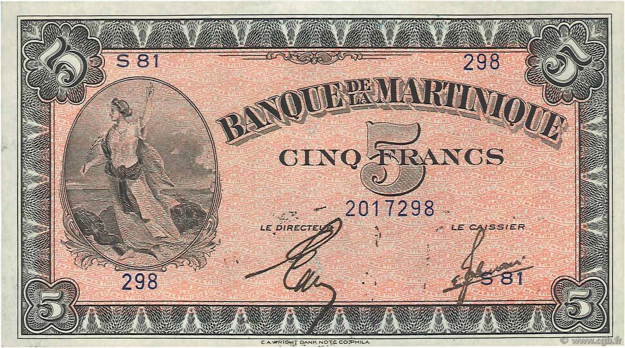 5 Francs MARTINIQUE  1942 P.16b AU