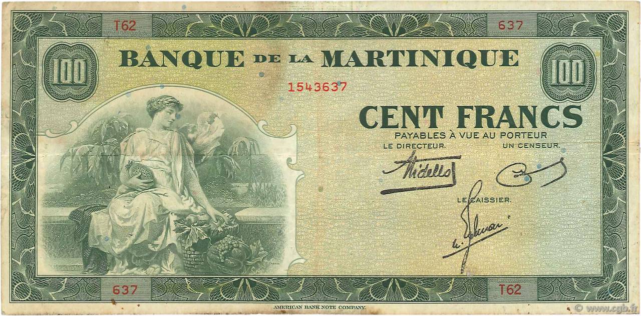 100 Francs MARTINIQUE  1942 P.19a TTB