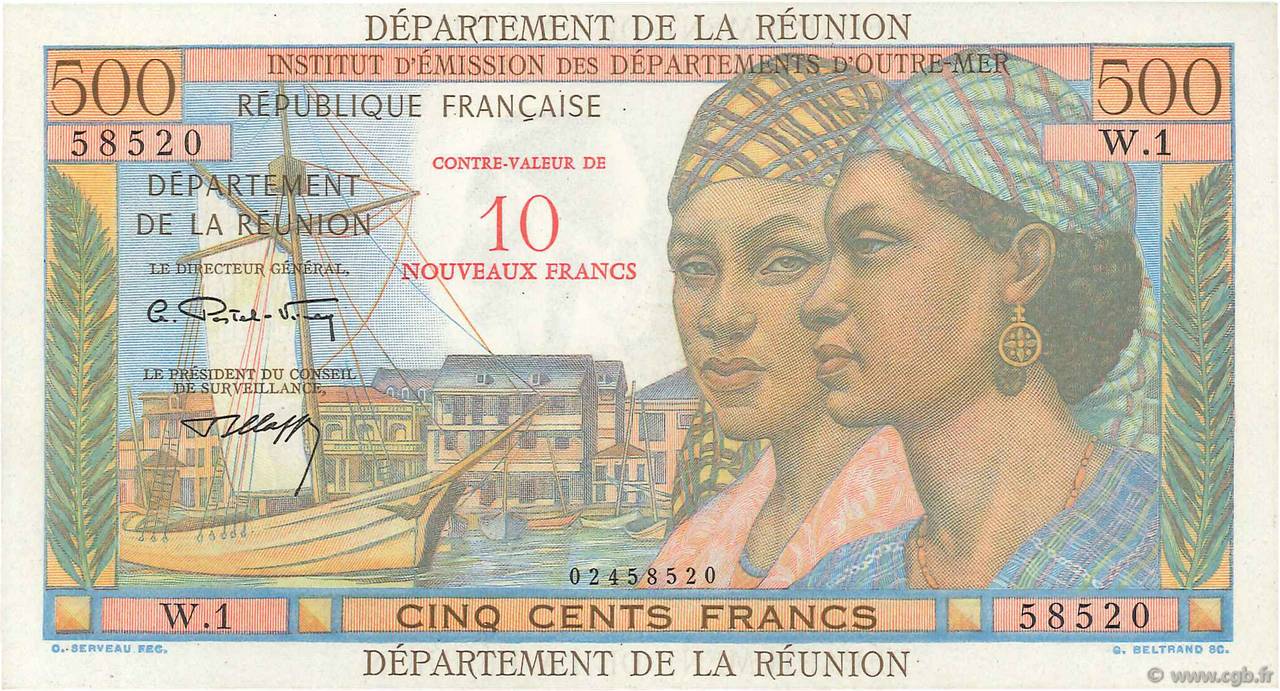 10 NF sur 500 Francs Pointe à Pitre REUNION INSEL  1971 P.54b fST+