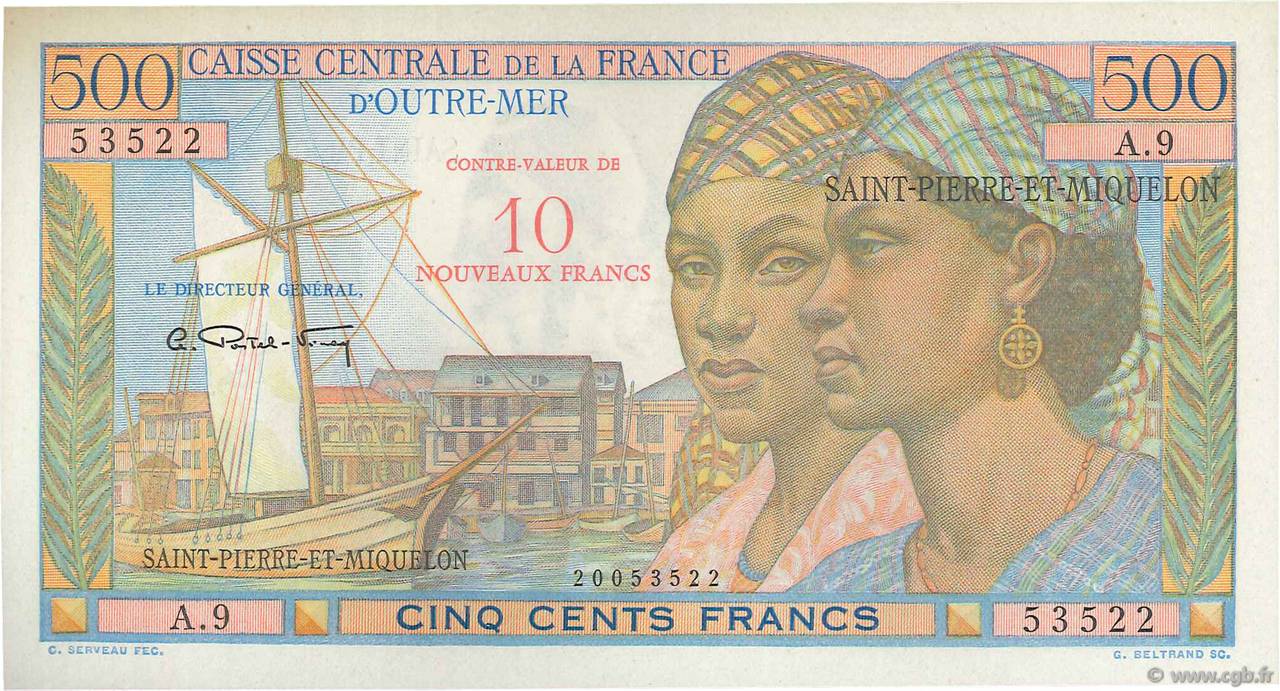10 NF sur 500 Francs Pointe à Pitre SAN PEDRO Y MIGUELóN  1964 P.33 SC+