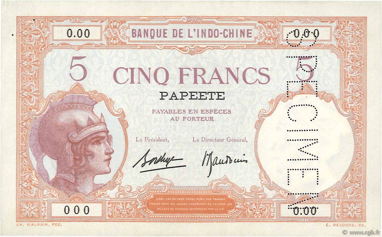 5 Francs Spécimen TAHITI  1936 P.11s SPL+