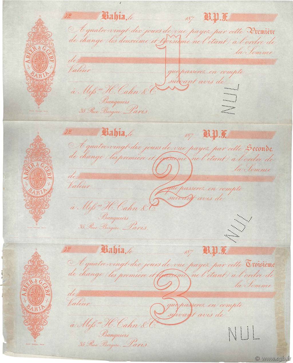 Francs Non émis FRANCE regionalism and miscellaneous Bahia (Brésil) 1870 DOC.Lettre VF