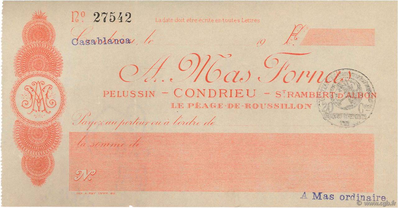 Francs FRANCE regionalism and miscellaneous Condrieu 1915 DOC.Chèque XF