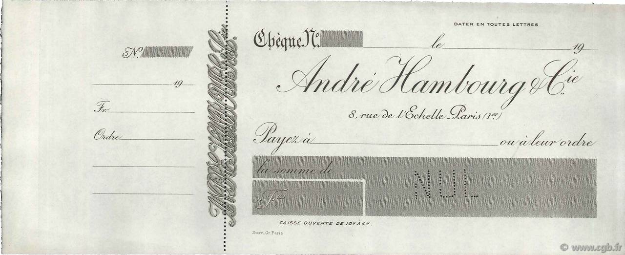 Francs Non émis FRANCE Regionalismus und verschiedenen Paris 1900 DOC.Chèque VZ