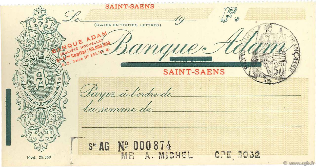 Francs FRANCE Regionalismus und verschiedenen Saint-Saens 1933 DOC.Chèque ST