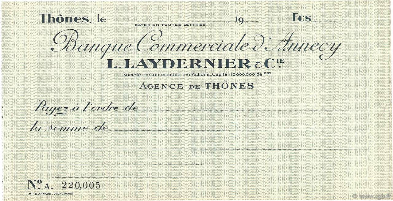 Francs FRANCE regionalism and miscellaneous Thônes 1920 DOC.Chèque UNC
