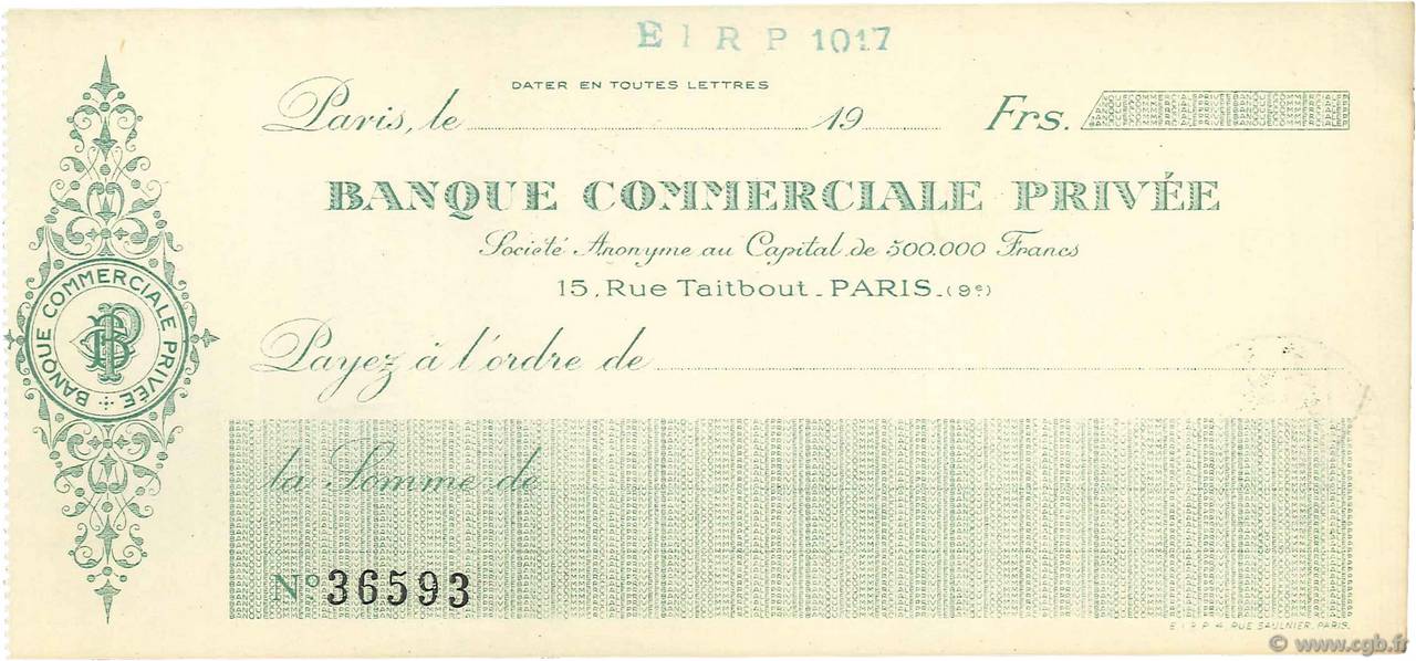Francs FRANCE regionalism and miscellaneous Paris 1933 DOC.Chèque XF