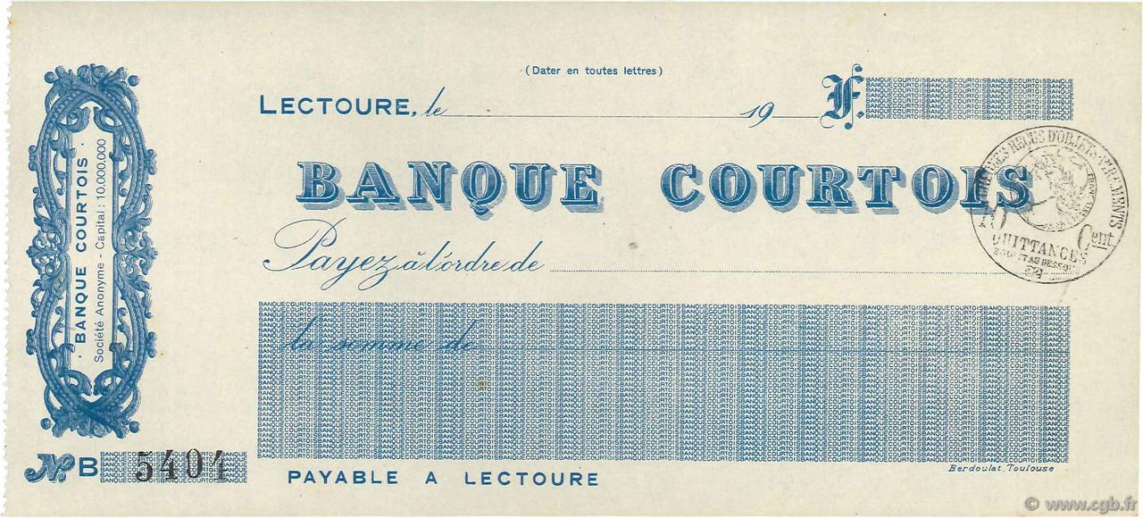 Francs FRANCE regionalismo y varios Lectoure 1915 DOC.Chèque SC